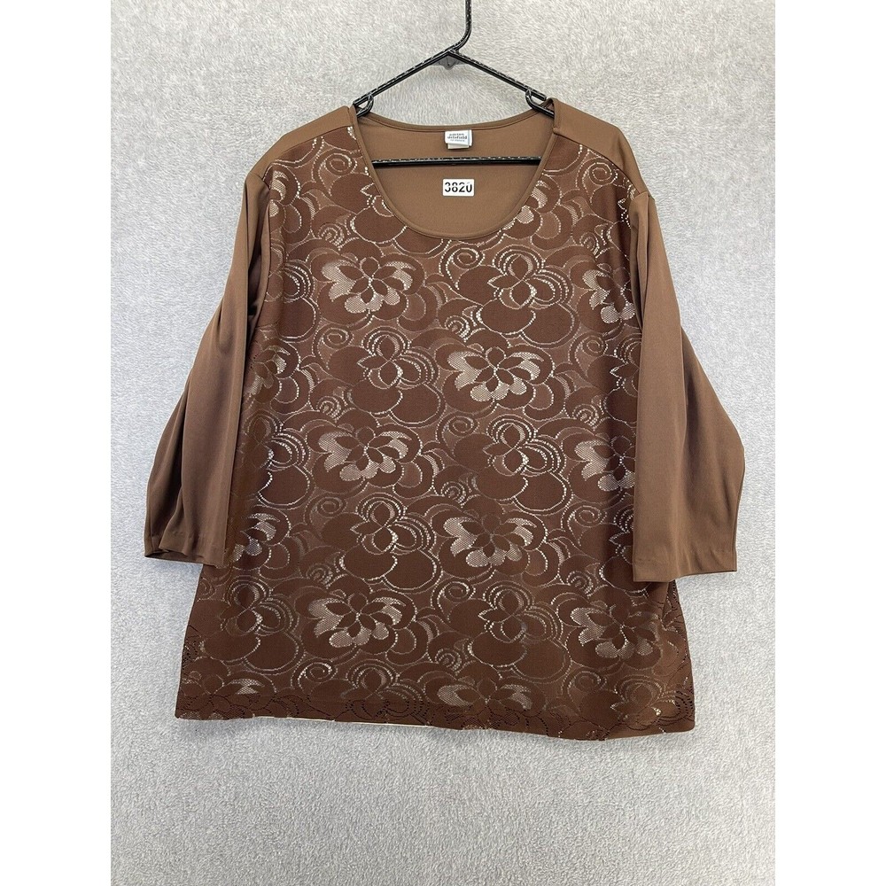 Adrian Delafield Women's Blouse Brown Pullover Lace Overlay Lined Plus Size 3X